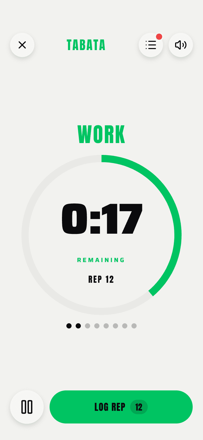 A Tabata interval mid-run: the phase name WORK and the whole ring turned signal green, seventeen seconds left, rep twelve.